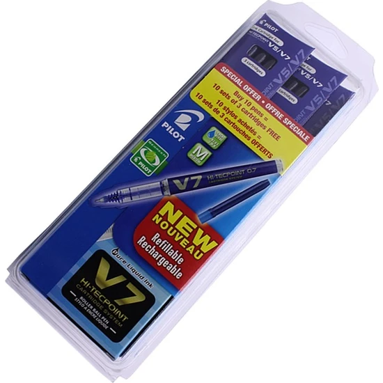 Roller Kalem Pilot V7 Kartuşlu Mavi Kit 10 Kalem + 30 Kartuş