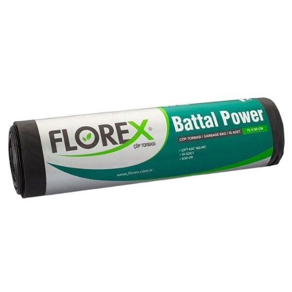 Florex 10'lu Endüstriyel Power Battal Boy Siyah Çöp Torbası 72 cm 95 cm - 100 mc