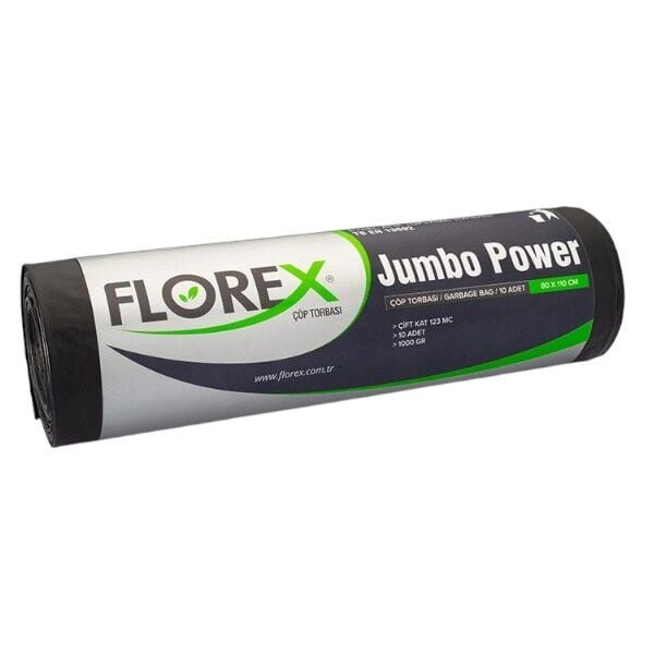 Florex 10'lu Jumbo Boy Power Siyah Çöp Torbası 80 cm 110 cm - 123 mc