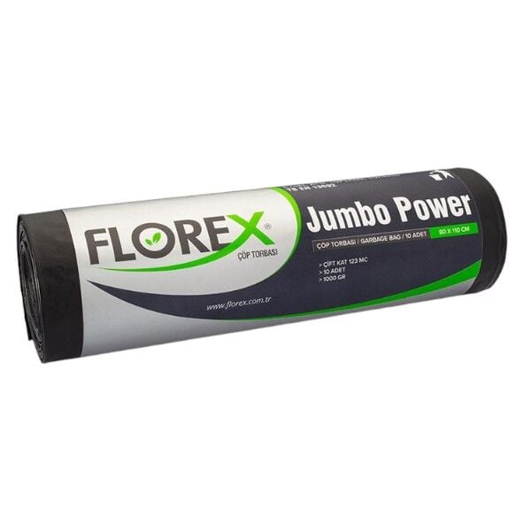 Florex 10'lu Jumbo Boy Power Siyah Çöp Torbası 80 cm 110 cm - 123 mc