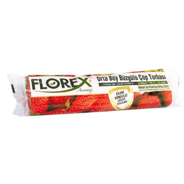 Florex 10'lu Çilek Kokulu ve Büzgülü Orta Boy Çöp Torbası 55 cm 60 cm - 43 mc
