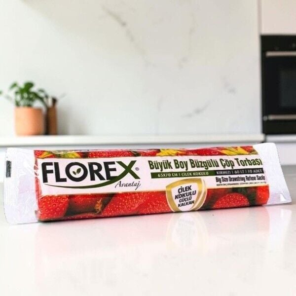 Florex 10'lu Çilek Kokulu ve Büzgülü Büyük Boy Çöp Torbası 65 cm 70 cm - 31 mc