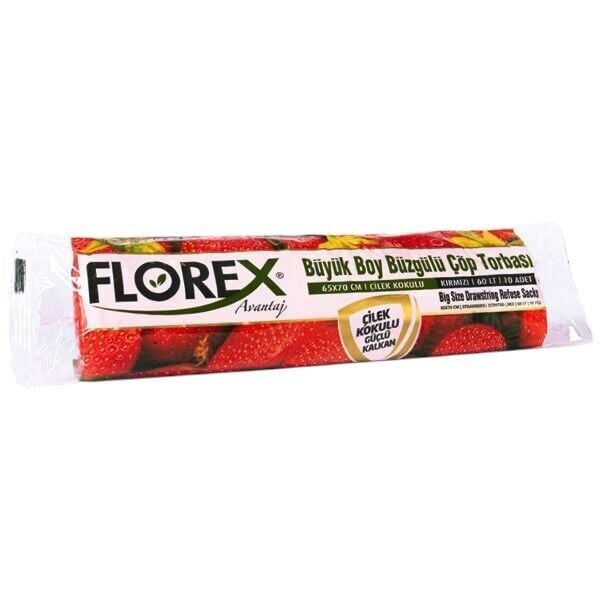 Florex 10'lu Çilek Kokulu ve Büzgülü Büyük Boy Çöp Torbası 65 cm 70 cm - 31 mc