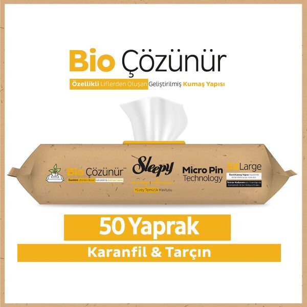 Sleepy Easy Clean 50'li Yüzey Temizlik Havlusu Bio Çözünür Karanfil ve Tarçın - 3XL Dev Boyut