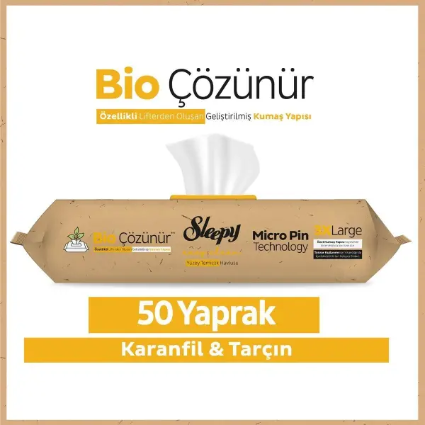 Sleepy Bio Easy Clean 50'li Yüzey Temizlik Havlusu Bio Çözünür Karanfil ve Tarçın - 3XL Dev Boyut