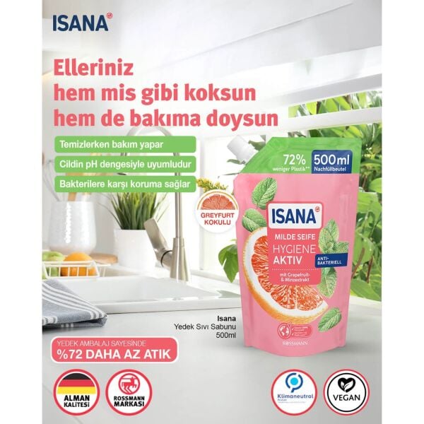 Isana Sıvı Sabun Yedek 500 Ml Hijyen Aktif Greyfurt